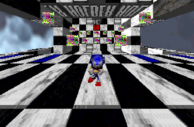 Un Sonic pixelisé sur un espace en échequier